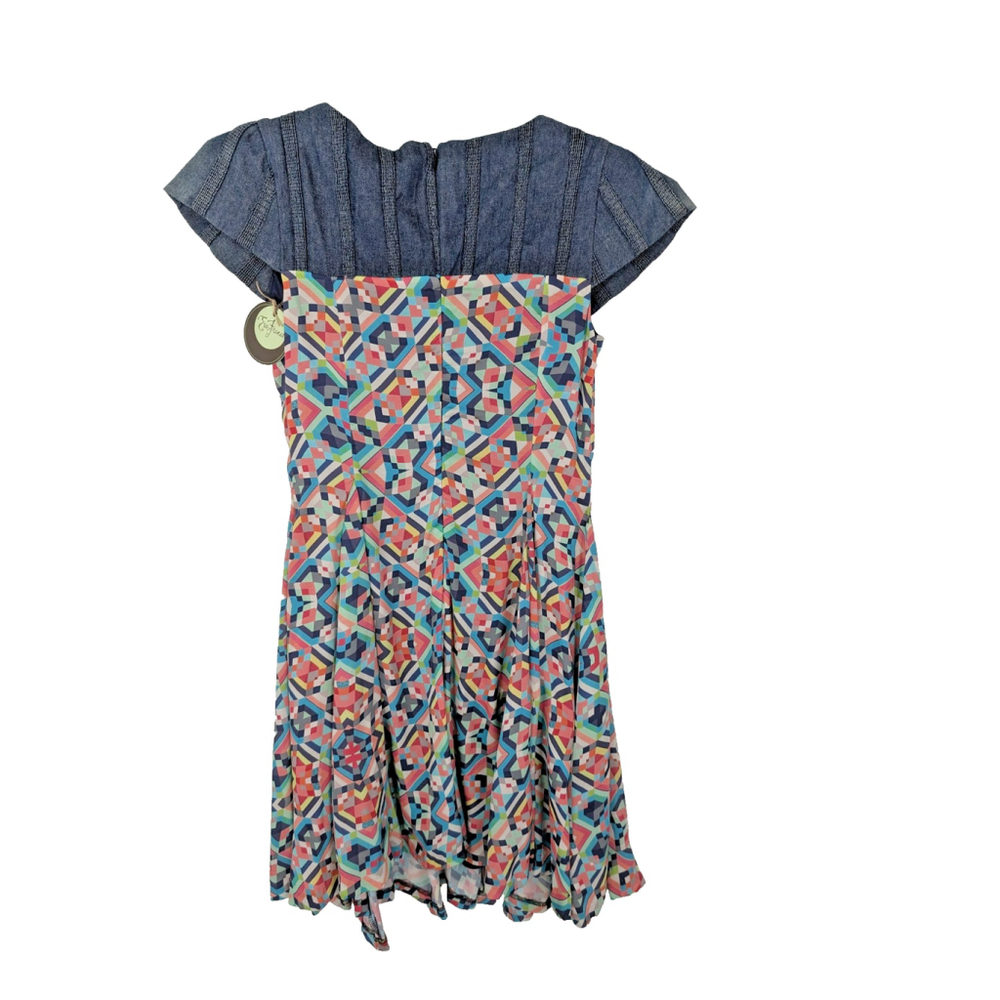 Anthropologie Eva Franco Midi Dress Mixed Media Denim Silk Sz 4 6 Geometric - Picture 4 of 12